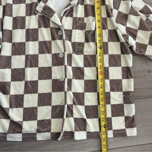 ONA Cream Brown Checkered Terry Oversized Button Down Short Sleeve Top M - Picture 10 of 10